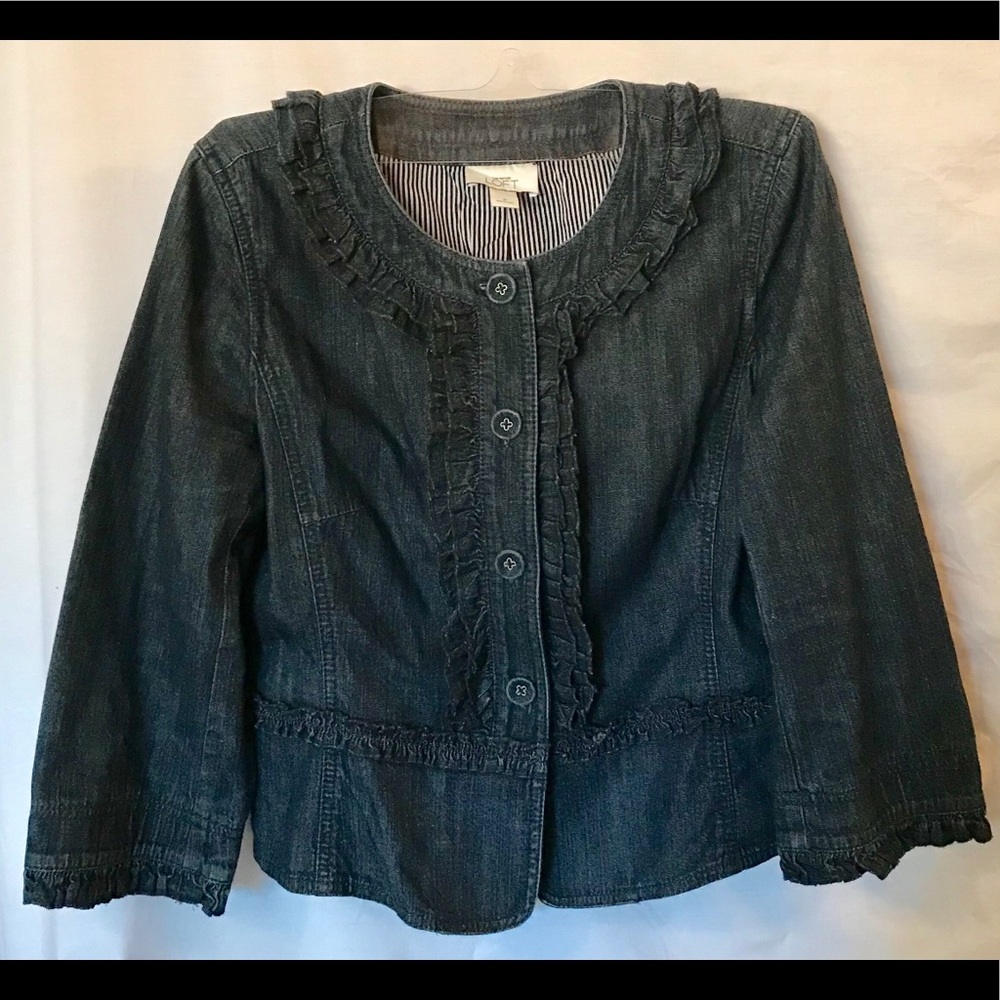 Loft Dark Denim Cropped Jacket with frill detail